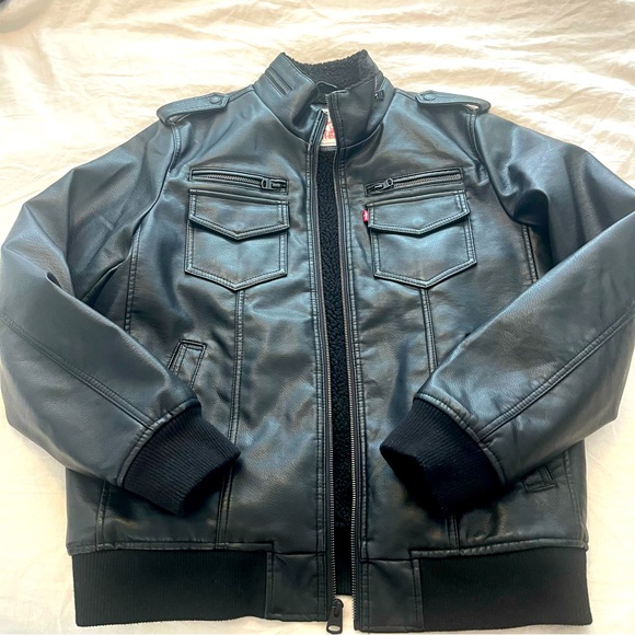 Levis Jacket Men M Black Bomber Faux Leather Sherpa Lined